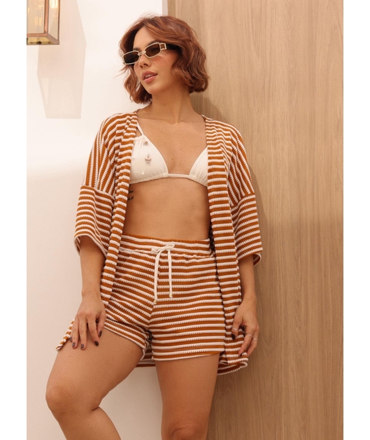 SAÍDA DE PRAIA KIMONO COM SHORT CARAMELO 1410