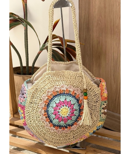 BOLSA DE PRAIA CROCHÊ MANDALA COLORIDA LOOK5849