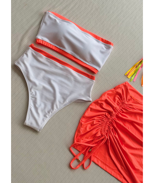 COMBO DE CARNAVAL BIQUÍNI TOP BRANCO E MINI SAIA LARANJA NEON COLEÇÃO ESQUENTA FOLIA