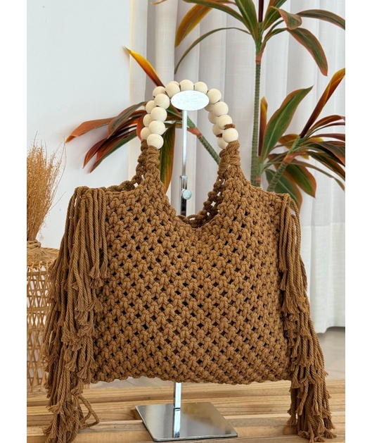 BOLSA MARROM COM FRANJAS E ALÇAS DE BOLINHAS