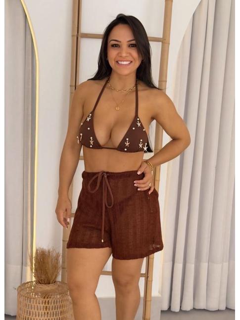 SAÍDA DE PRAIA SHORT CROCHÊ MARROM