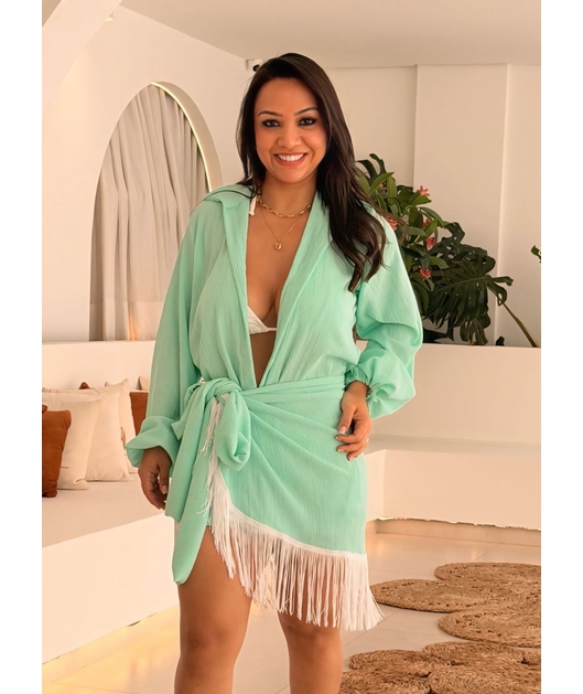 SAÍDA DE PRAIA CONJUNTO CHIFFON CAMISA COM PAREÔ DE FRANJA VERDE CLARO TGR5895
