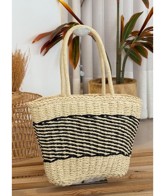 BOLSA DE PALHA MEDIA OFF WHITE COM LISTRAS PRETA