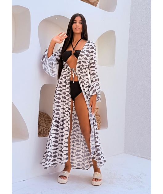 SAÍDA DE PRAIA LONGA COM AMARRAÇÃO ESTAMPA MARÉ DE PEIXES PRETA COLEÇÃO SARDENHA