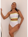 BIQUÍNI TOP FAIXA CALCINHA HOT PANTS BRANCO COM VERDE NEON COLEÇÃO ESQUENTA FOLIA - 1