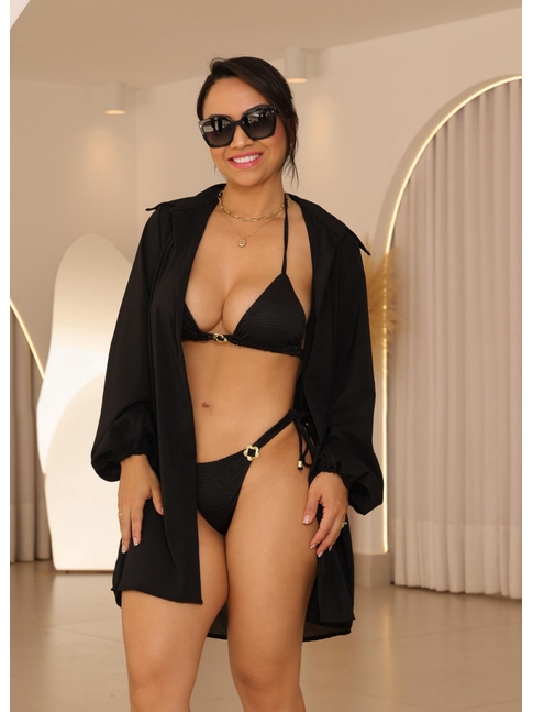 SAÍDA DE PRAIA CAMISA NO MUSSELINE PRETA COLEÇAO SOLARE