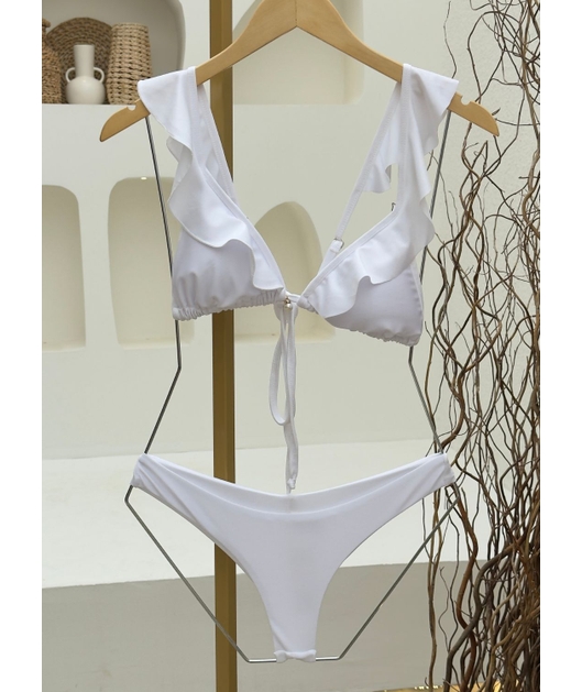 BIQUÍNI CORTININHA BABADO CALCINHA ASA DELTA BRANCO COLEÇÃO COR DO PECADO