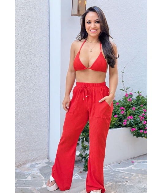 SAÍDA DE PRAIA CALÇA COM BOLSOS NO CHIFFON VERMELHO CAQUI