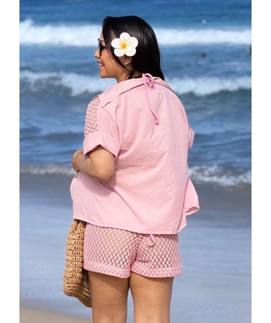 SAÍDA DE PRAIA CONJUNTO CAMISA E SHORT ROSA COLEÇÃO BRISA II