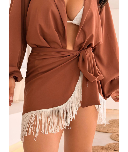 SAÍDA DE PRAIA CONJUNTO CAMISA COM PAREÔ DE FRANJA MARROM REP621