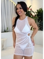 SAÍDA DE PRAIA DRESS FRANZIDO TULE EM LISTRA OFF WHITE - 1
