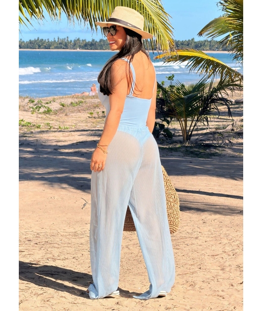 SAÍDA DE PRAIA CALÇA TULE EM LISTRA AZUL COLEÇÃO DULCE CARIBE