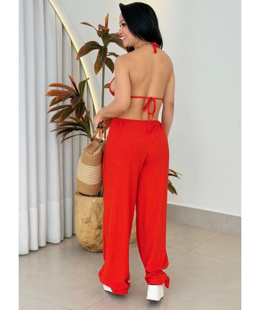 SAÍDA DE PRAIA CALÇA NO CHIFFON VERMELHO CAQUI