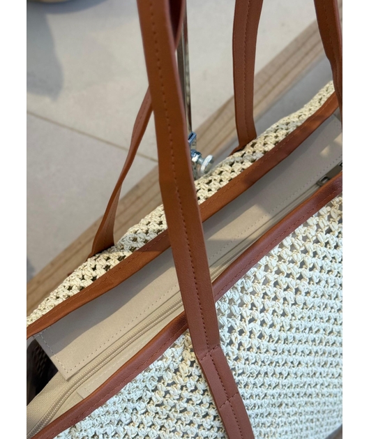 BOLSA DE PALHA GRANDE OFF WHITE ALÇAS MARROM