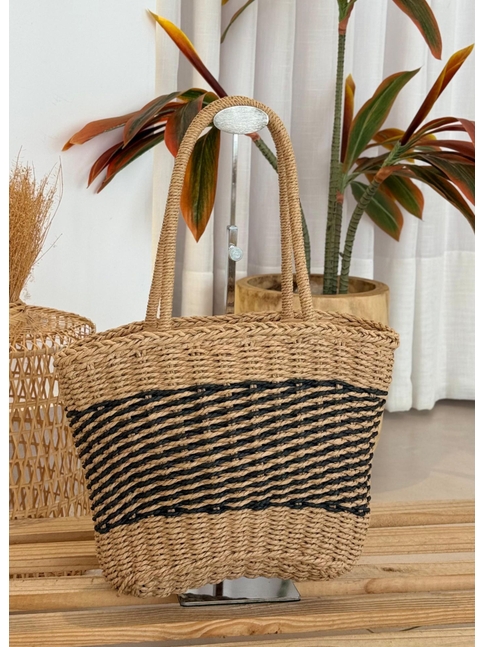 BOLSA DE PALHA MEDIA BEGE COM LISTRAS PRETA