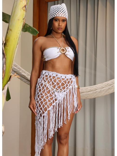 SAÍDA DE PRAIA SAIA FRANJA NO CROCHÊ BRANCA COLEÇÃO HANDMADE