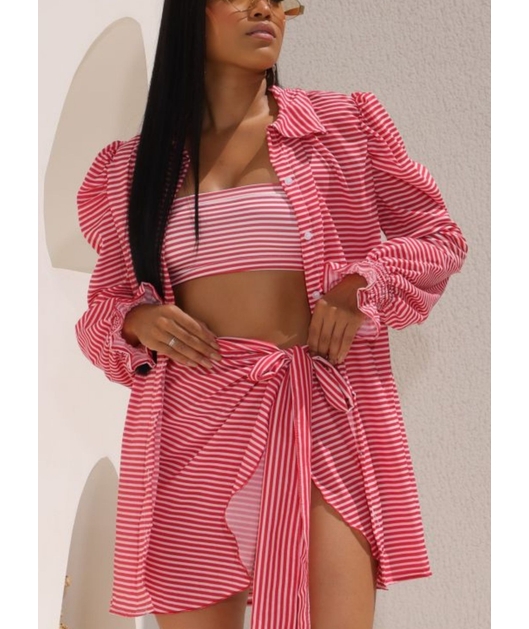 SAÍDA DE PRAIA CAMISA COM PAREÔ LISTRA VERMELHA COLEÇÃO VERÃO EUROPEU