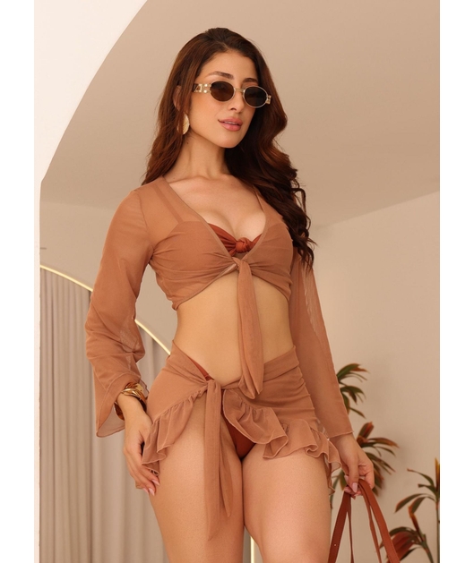 SAÍDA DE PRAIA TOP COM PAREÔ NO TULE MARROM COLEÇÃO COR DO PECADO F13