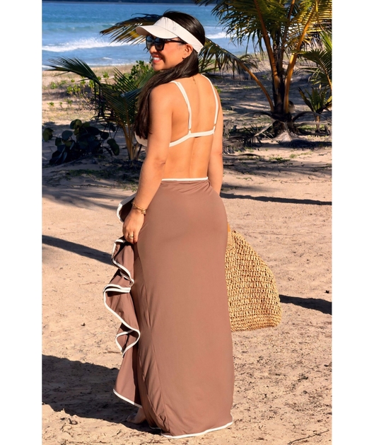 SAÍDA DE PRAIA SAIA BABADO MARROM COLEÇÃO CARIBENHA