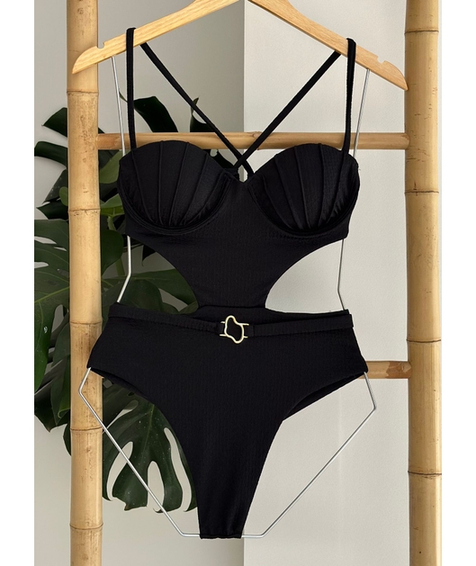 MAIÔ MEIA TAÇA CONCHA PRETO COLEÇÃO PRAIANA