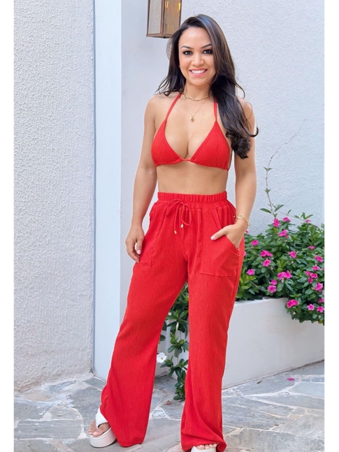 SAÍDA DE PRAIA CALÇA COM BOLSOS NO CHIFFON VERMELHO CAQUI LOOKFI4896