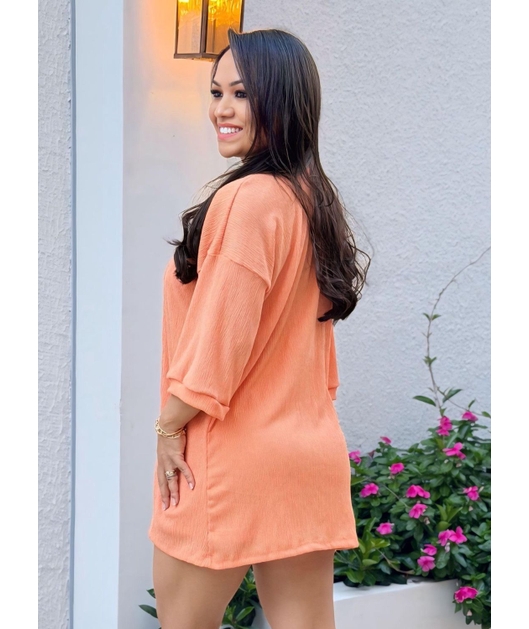 SAÍDA DE PRAIA CONJUNTO CAMISA COM SHORT NO CHIFFON LARANJA