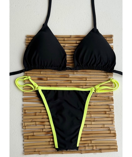 BIQUÍNI CORTININHA CALCINHA COM REGULADOR PRETO COM DETALHE VERDE NEON COLEÇÃO ESQUENTA FOLIA