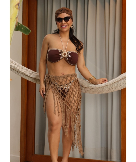 SAÍDA DE PRAIA SAIA FRANJA NO CROCHÊ MARROM COLEÇÃO HANDMADE