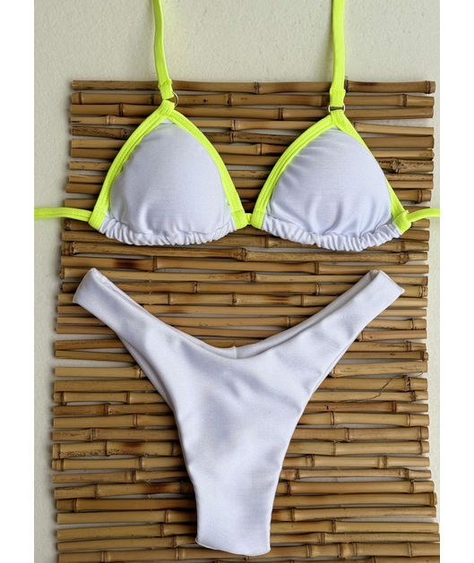 BIQUÍNI CORTININHA CALCINHA ASA DELTA BRANCO COM DETALHE VERDE NEON COLEÇÃO ESQUENTA FOLIA
