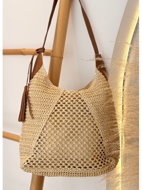 BOLSA DE PALHA SACO EM TRAMA ABERTA COM ALÇA MARROM