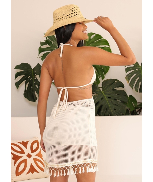 SAÍDA DE PRAIA CORTININHA COM SAIA DE FRANJA OFF WHITE COLEÇÃO CLAREIA