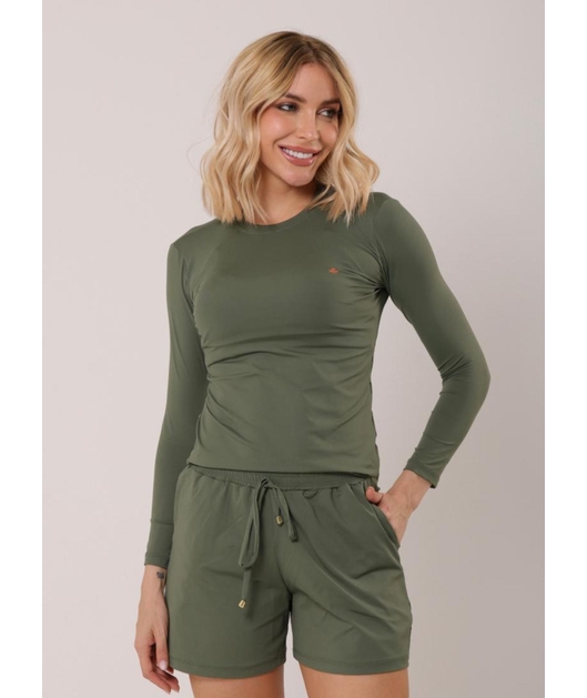 CONJUNTO FEMININA DE PROTEÇÃO UV CAMISA COM SHORT VERDE MILITAR