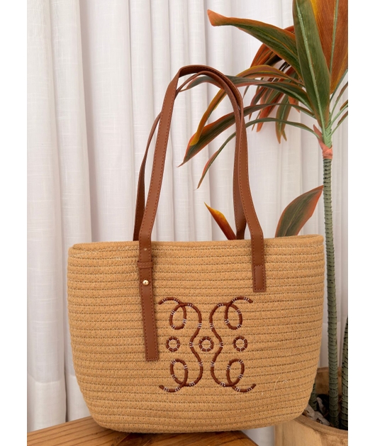 BOLSA MEDIA COM ALÇAS E BORDADO MARROM