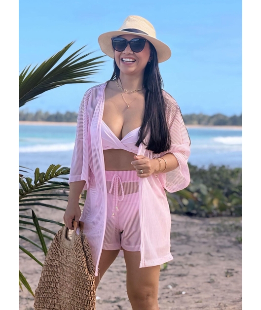SAÍDA DE PRAIA KIMONO COM SHORT NO TULE EM LISTRA ROSA COLEÇÃO DULCE CARIBE