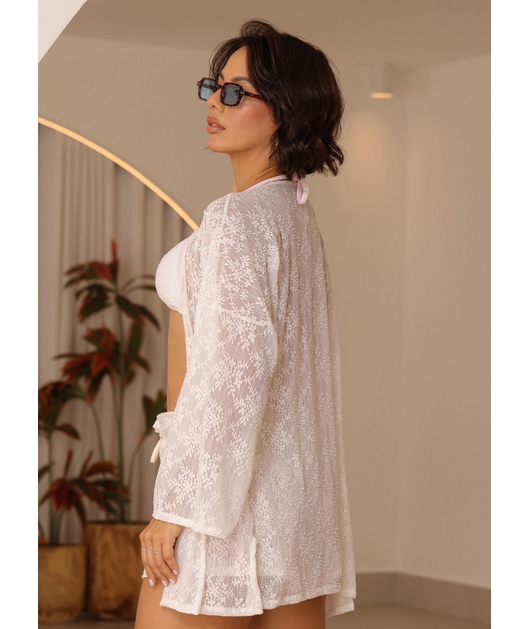 SAÍDA DE PRAIA CONJUNTO KIMONO COM SHORT NA RENDA BRANCO COLEÇÃO ÁGUA VIVA