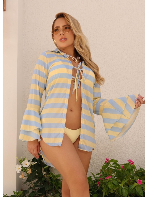SAÍDA DE PRAIA CAMISA AMARRAÇÃO LISTRA AMARELO COLEÇÃO CANDY COLOR