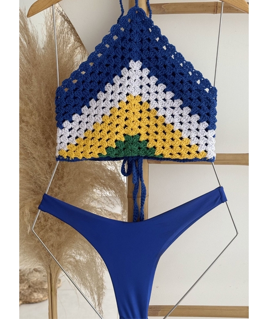 BIQUÍNI CROPPED CROCHÊ CALCINHA ASA DELTA AZUL BIC COLEÇÃO BRASIL RAIZ