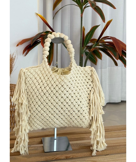 BOLSA OFF WHITE COM FRANJAS E ALÇAS DE BOLINHAS