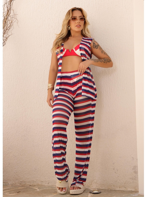 SAÍDA DE PRAIA KIMONO REGATA COM CALÇA NO TULE LISTRAS COLEÇÃO NÁUTICA