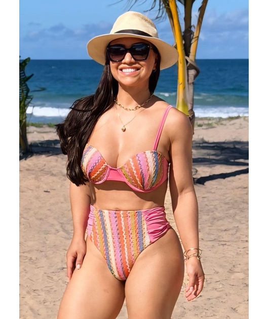 BIQUÍNI MEIA TAÇA CROCHÊ CALCINHA ALTA ROSA COLEÇÃO CARIBENHA II