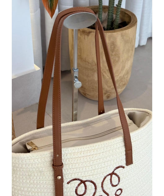 BOLSA MEDIA OFF WHITE COM ALÇAS E BORDADO MARROM