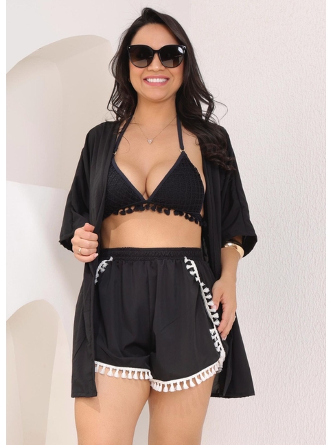 SAÍDA DE PRAIA KIMONO COM SHORT DE FRANJA PRETO COLEÇÃO BÚZIOS