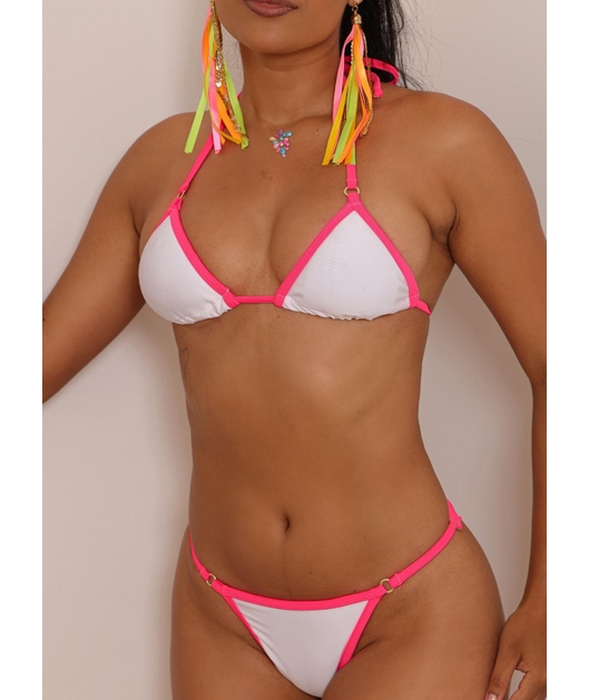 BIQUÍNI CORTININHA CALCINHA COM REGULADOR BRANCO COM ROSA NEON COLEÇÃO ESQUENTA FOLIA