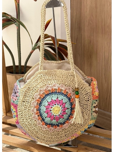 BOLSA DE PRAIA CROCHÊ MANDALA COLORIDA LOOK5849