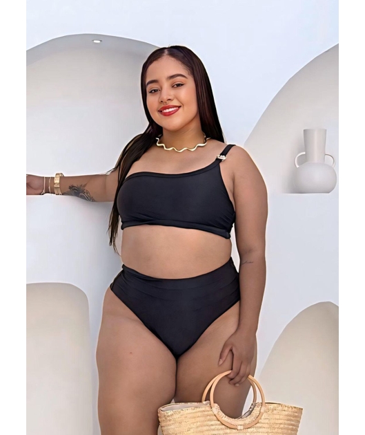 BIQUÍNI TOP NULA MANGA CALCINHA ALTA PRETO - GG