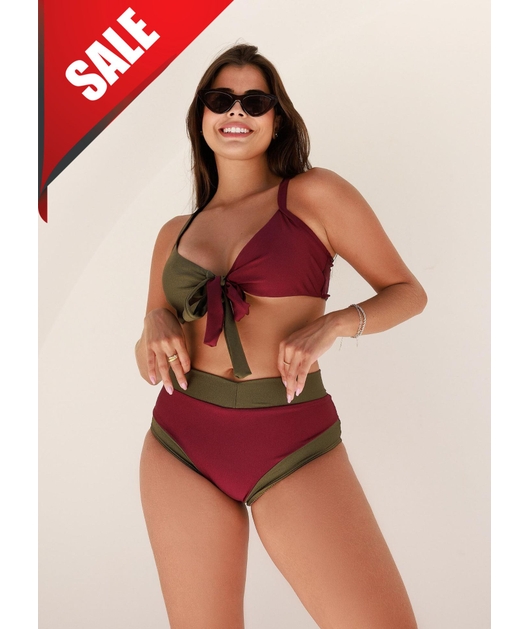 BIQUÍNI TRILOBAL COLEÇÃO GRINGA TOP AMARRAÇÃO CALCINHA SUNKINI MARSALA COM VERDE