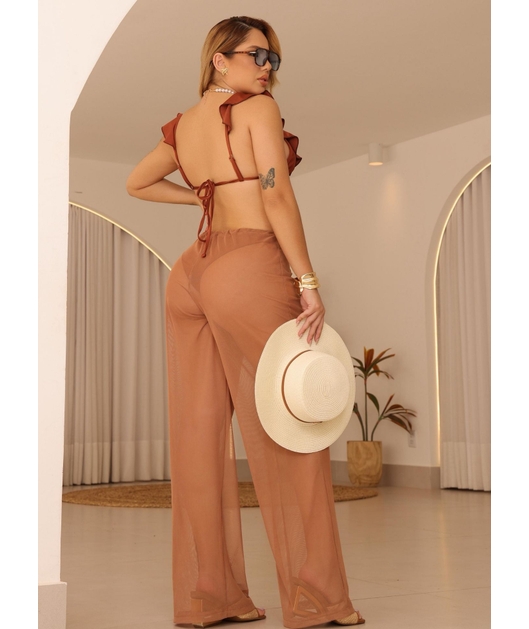 SAÍDA DE PRAIA CALÇA NO TULE MARROM COLEÇÃO COR DO PECADO