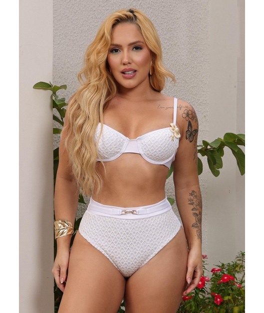 BIQUÍNI MEIA TAÇA CROCHÊ CALCINHA ALTA BRANCO COLEÇÃO ESSÊNCIA BORDADAS