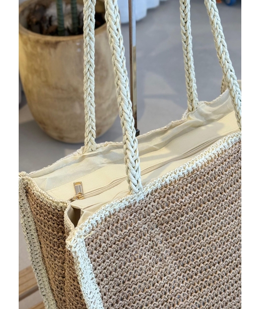 BOLSA DE PALHA GRANDE QUADRADA BEGE COM BORDA OFF WHITE