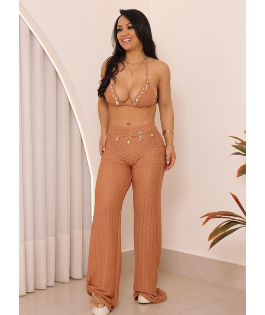 SAÍDA DE PRAIA CALÇA COM CINTO MARROM COLEÇÃO FESTEJAR